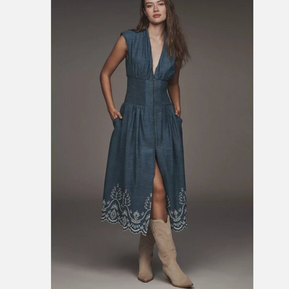 Anthropologie The Tommie Denim Chambray Zip Front Eyelet Trim Dress Blue S NWT